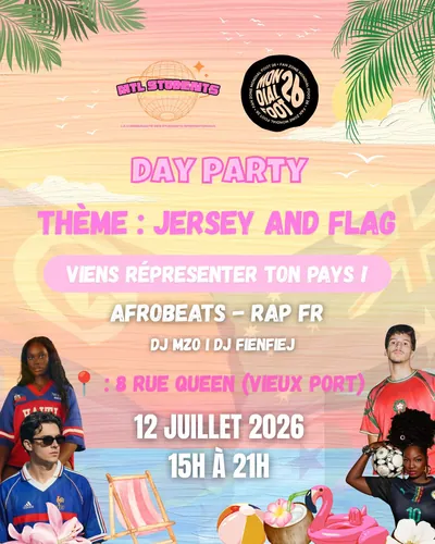 Affiche du Day Party sur le thème « Jersey and Flag » : quatre étudiants en maillots de football devant un décor de plage rose et doré, 8 Rue Queen dans le Vieux-Port, 12 juillet 2026 de 15h à 21h.