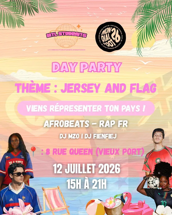 Affiche du Day Party sur le thème Jersey and Flag : quatre personnes en maillots de football sur un décor de plage rose et doré, avec l'adresse 8 Rue Queen.