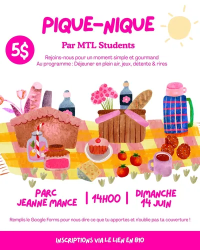 Affiche du pique-nique : illustration d'une nappe à carreaux couverte de paniers, de baguettes et de fleurs roses sous un soleil dessiné, parc Jeanne-Mance, dimanche 14 juin à 14h.