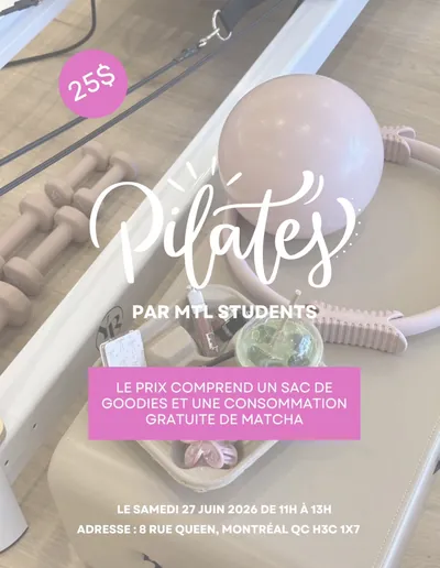 Affiche du cours de Pilates au sol : un appareil de Pilates beige, des haltères roses et un matcha posés dessus, samedi 27 juin 2026 de 11h à 13h, 8 Rue Queen à Montréal.