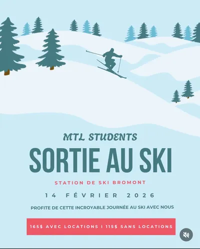 Affiche de la Sortie au Ski : illustration d'un skieur dévalant une pente enneigée bordée de sapins, station de ski Bromont, 14 février 2026.